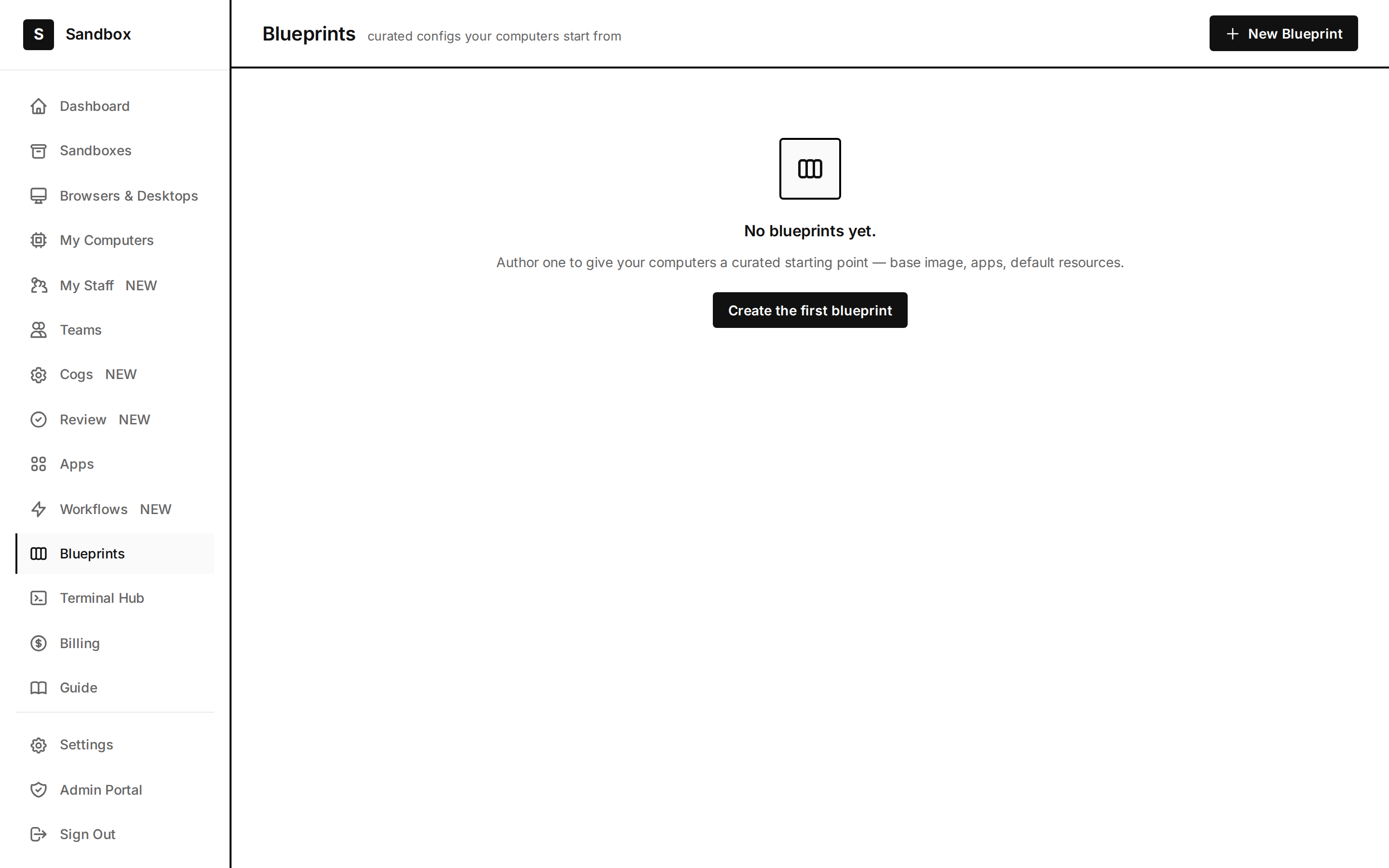 Blueprints: curated configs your computers start from — base image, apps, default resources.