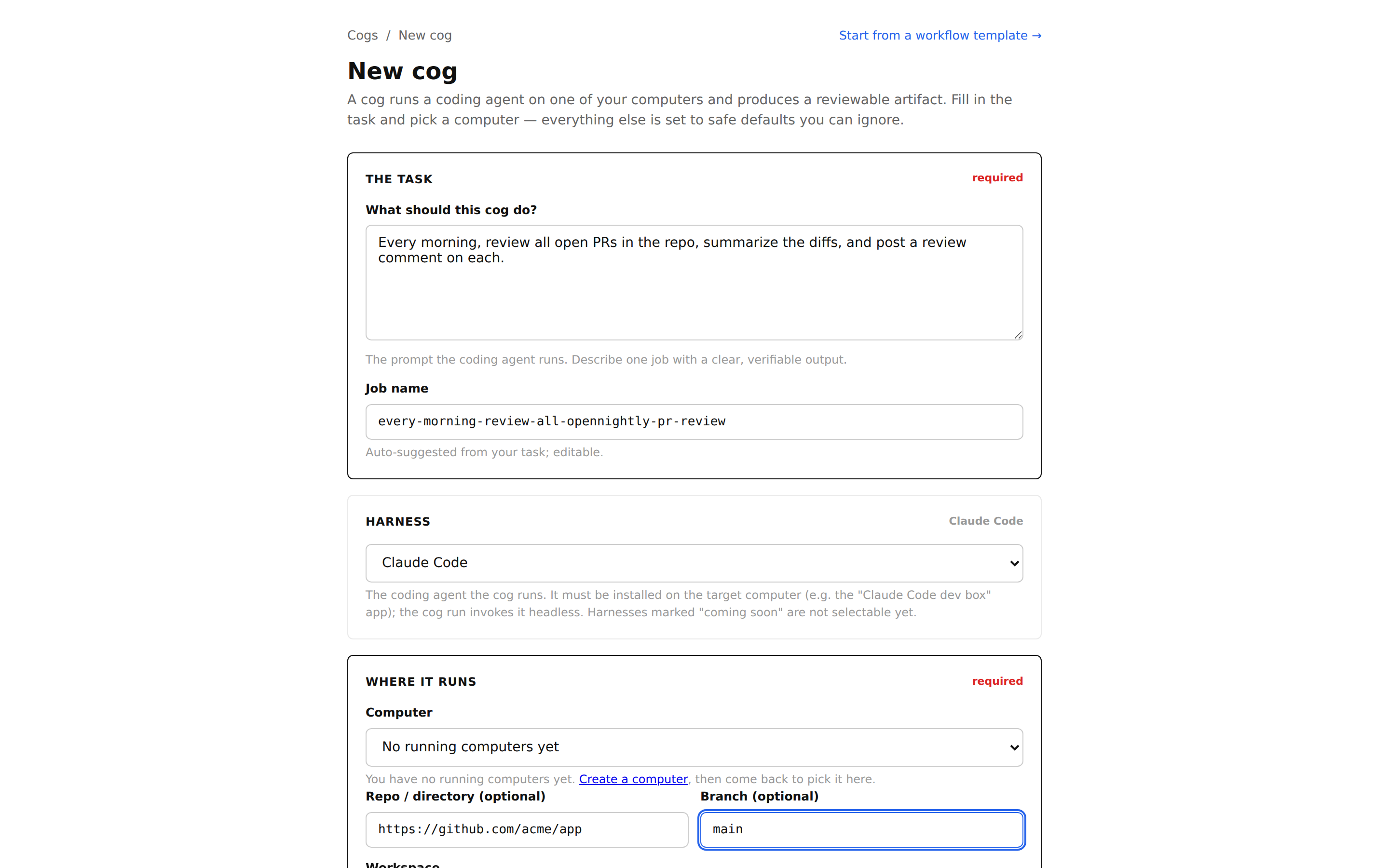The New cog form, filled with a task and job name.