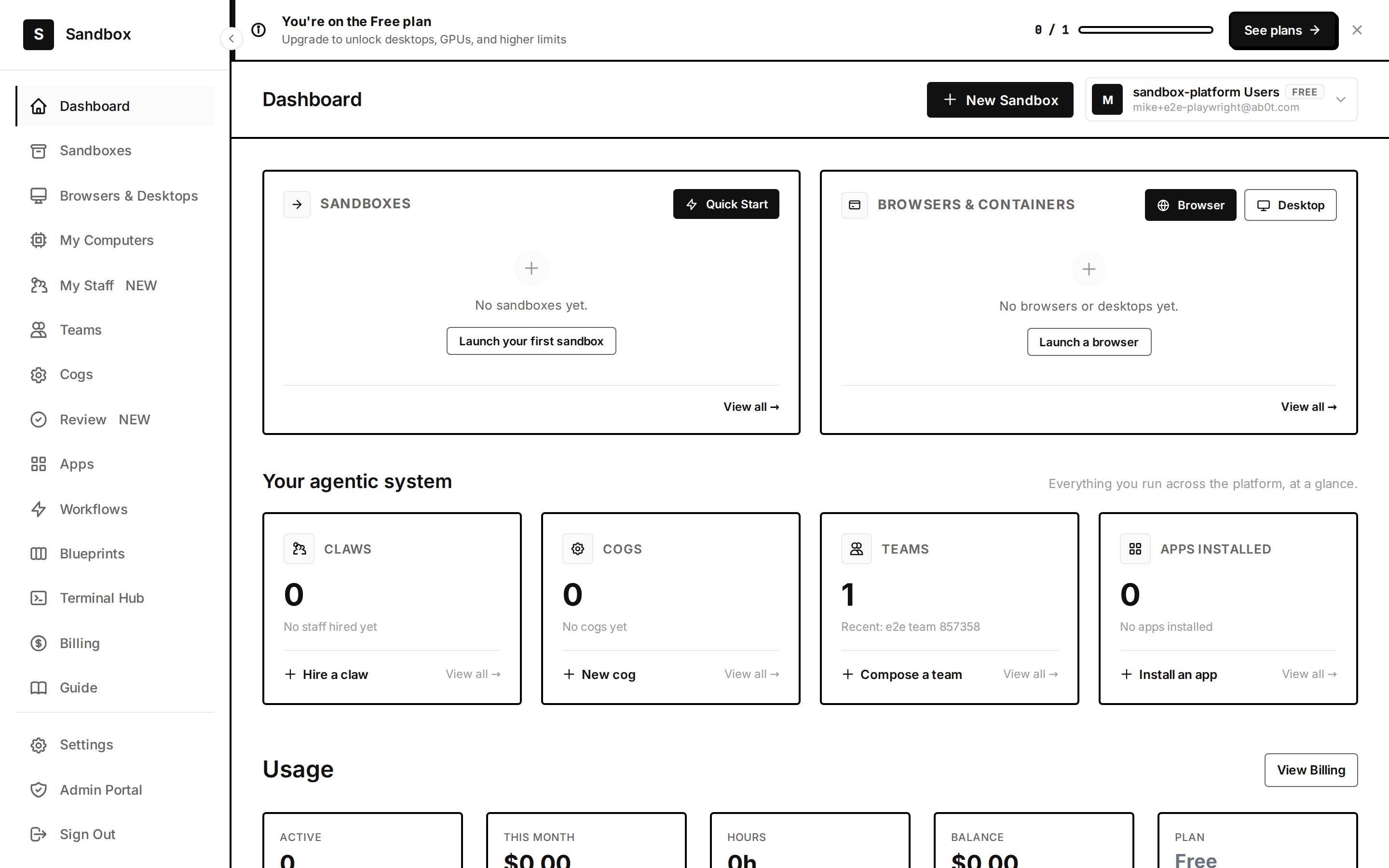 The dashboard: usage, resource limits, monthly compute spend, and plan caps.