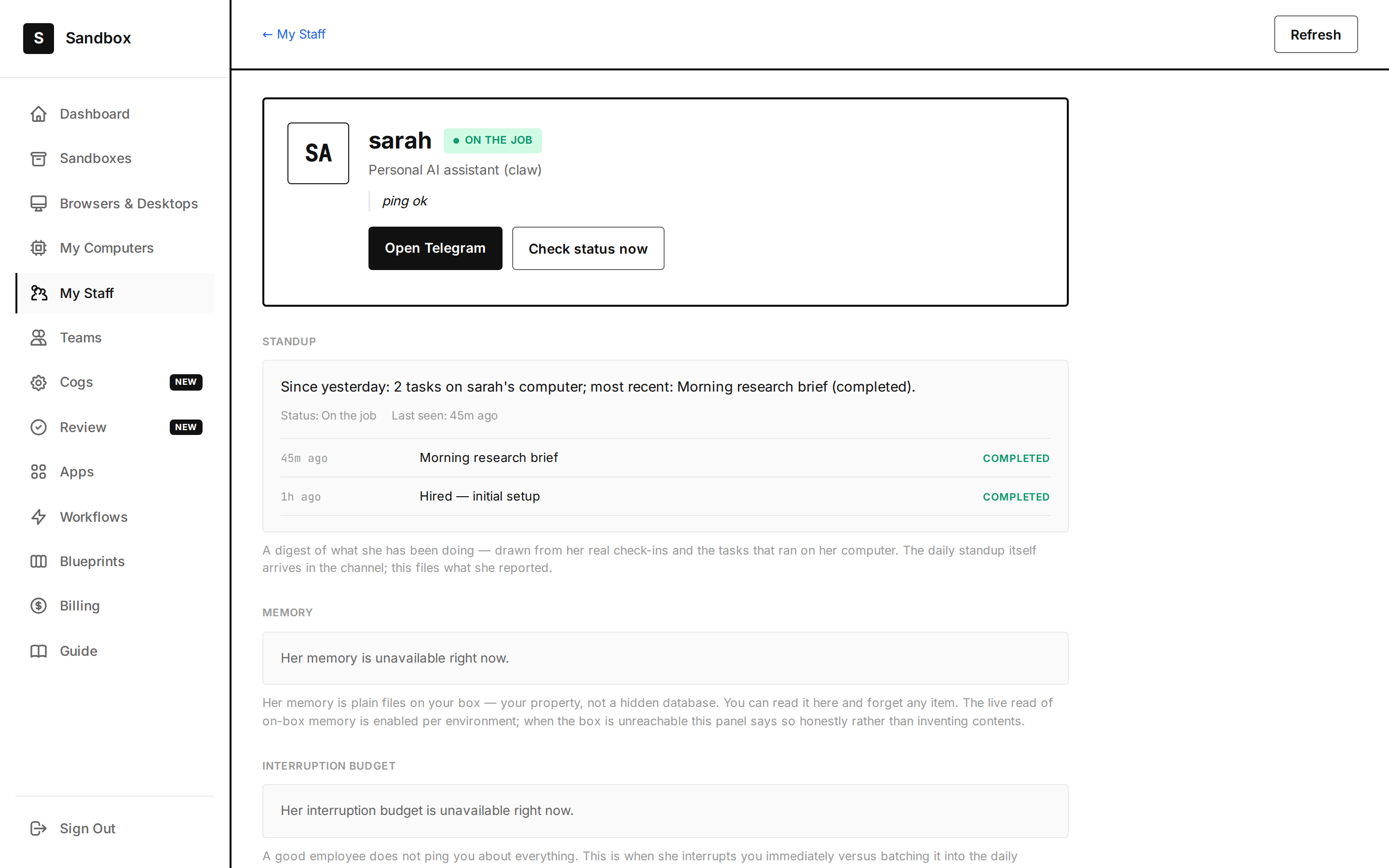 The employee page for a hired claw.