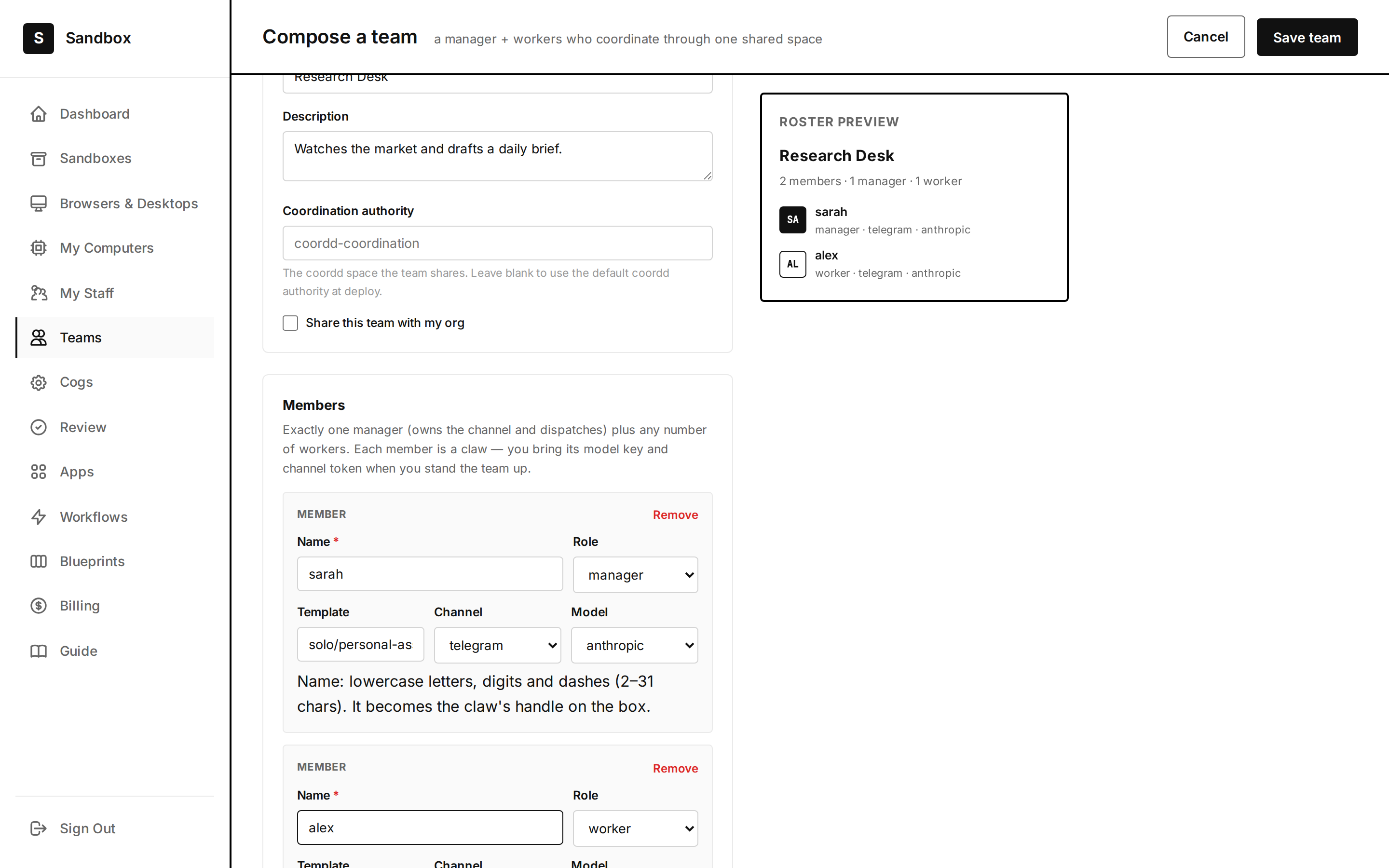 Composing a team: name, description, and coordination authority.
