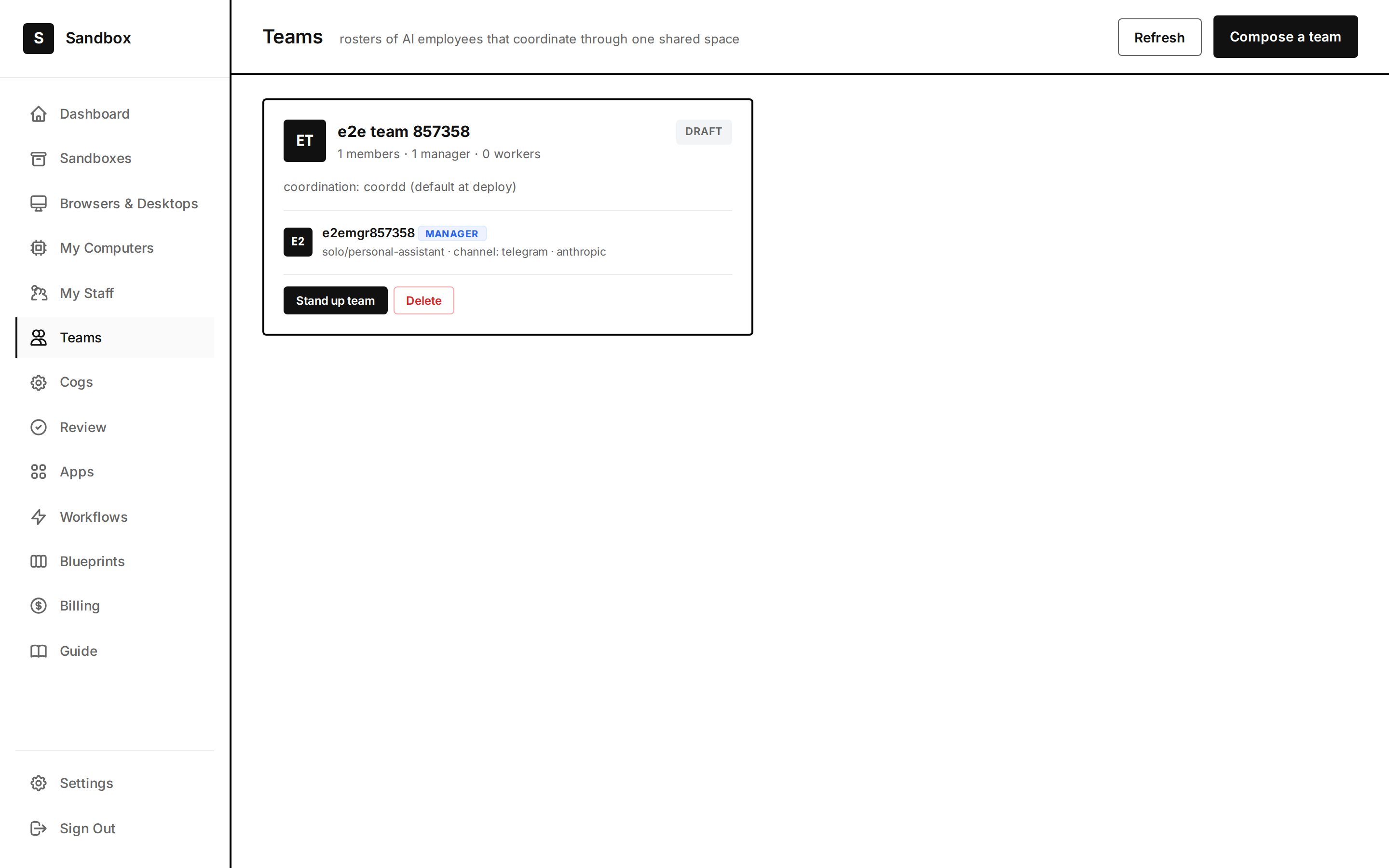 The Teams view listing composed teams.