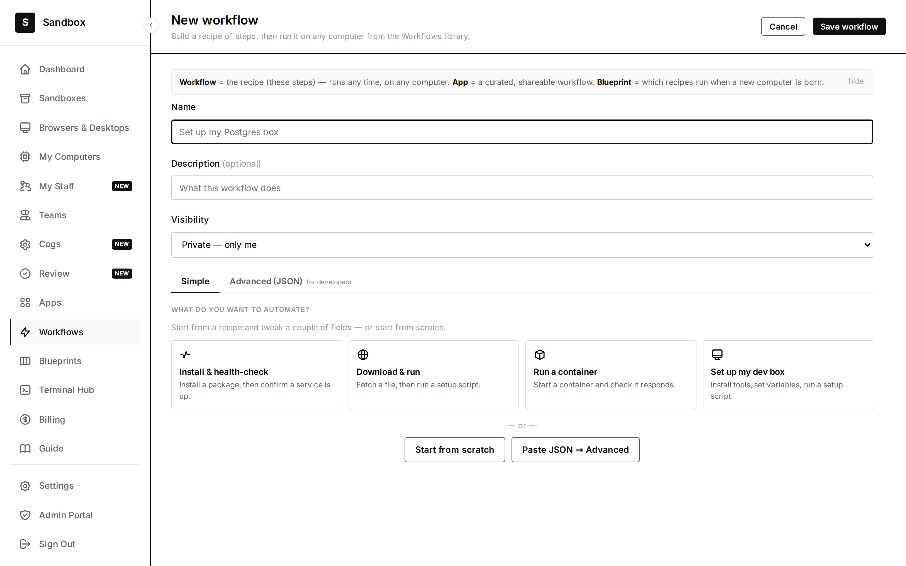 The workflow step palette — start a cog from a recipe.